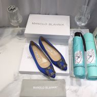 Manolo Blahnik Hangisi Flats Satin With Gunmetal Crystal Buckle Blue