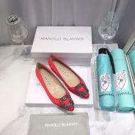 Manolo Blahnik Hangisi Flats Satin With Gunmetal Crystal Buckle Rose Red