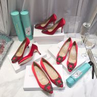 Manolo Blahnik Hangisi Pumps Satin With Gunmetal Crystal Buckle Red