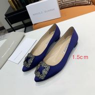 Manolo Blahnik Hangisi Flats Satin With Square Crystal Buckle Dark Blue