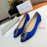 Manolo Blahnik Hangisi Flats Satin With Square Crystal Buckle Navy Blue