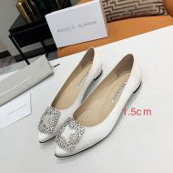 Manolo Blahnik Hangisi Flats Satin With Square Crystal Buckle White