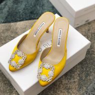 Manolo Blahnik Hangisi Mules Satin With Jewel Buckle Lemon