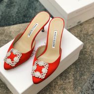 Manolo Blahnik Hangisi Mules Satin With Jewel Buckle Red