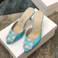 Manolo Blahnik Hangisi Mules Satin With Jewel Buckle Sky Blue