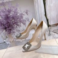 Manolo Blahnik Hangisi Pumps Satin With Gray Crystal Square Buckle Apricot