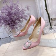 Manolo Blahnik Hangisi Pumps Satin With Gray Crystal Square Buckle Pink