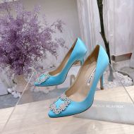 Manolo Blahnik Hangisi Pumps Satin With Gray Crystal Square Buckle Sky Blue