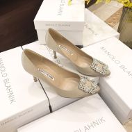 Manolo Blahnik Hangisi Pumps With White Crystal Square Buckle Apricot