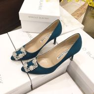 Manolo Blahnik Hangisi Pumps With White Crystal Square Buckle Blue