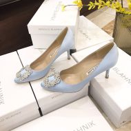 Manolo Blahnik Hangisi Pumps With White Crystal Square Buckle Gray