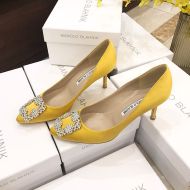 Manolo Blahnik Hangisi Pumps With White Crystal Square Buckle Lemon