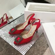 Manolo Blahnik Hangisli Slingback Pumps Satin With Jewel Buckle Red