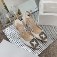 Manolo Blahnik Hangisli Slingback Pumps Satin With Jewel Buckle White