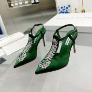 Manolo Blahnik Jamala Slingback Pumps Satin With Crystal Embellished Green