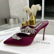 Manolo Blahnik Lurum Mules Satin With Crystal Embellished Burgundy