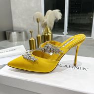 Manolo Blahnik Lurum Mules Satin With Crystal Embellished Lemon