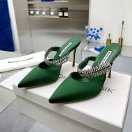 Manolo Blahnik Lutara Mules Satin With Crystal Embellished Green