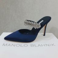 Manolo Blahnik Lutara Mules Satin With Crystal Embellished Navy Blue