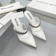 Manolo Blahnik Lutara Mules Satin With Crystal Embellished White