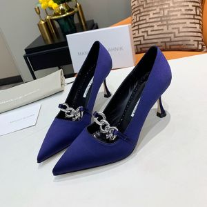 Manolo Blahnik Delisonacry Pumps Satin With Crystal Chain Navy Blue