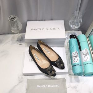 Manolo Blahnik Hangisi Flats Satin With Gunmetal Crystal Buckle Black