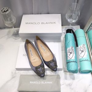 Manolo Blahnik Hangisi Flats Satin With Gunmetal Crystal Buckle Gray