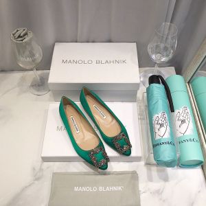 Manolo Blahnik Hangisi Flats Satin With Gunmetal Crystal Buckle Green