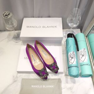 Manolo Blahnik Hangisi Flats Satin With Gunmetal Crystal Buckle Rose