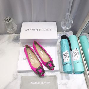 Manolo Blahnik Hangisi Flats Satin With Gunmetal Crystal Buckle Pink