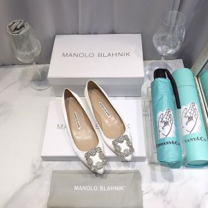 Manolo Blahnik Hangisi Flats Satin With Gunmetal Crystal Buckle White