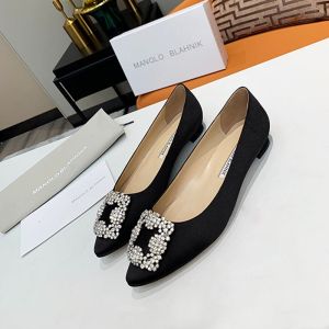 Manolo Blahnik Hangisi Flats Satin With Square Crystal Buckle Black