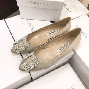 Manolo Blahnik Hangisi Flats Satin With White Crystal Buckle Apricot