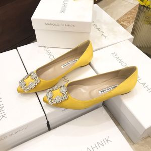 Manolo Blahnik Hangisi Flats Satin With White Crystal Buckle Lemon