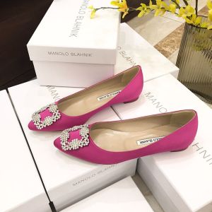 Manolo Blahnik Hangisi Flats Satin With White Crystal Buckle Rose