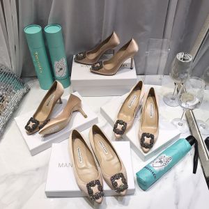 Manolo Blahnik Hangisi Pumps With Gunmetal Crystal Buckle Khaki