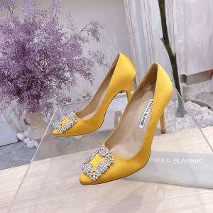 Manolo Blahnik Hangisi Pumps Satin With Gray Crystal Square Buckle Lemon