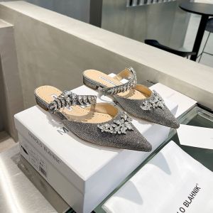 Manolo Blahnik Lurum Flats Glitter With Crystal Embellished Gray