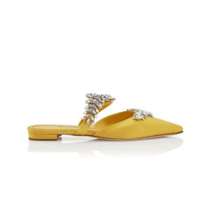 Manolo Blahnik Lurum Flats Satin With Crystal Embellished Yellow