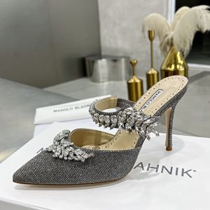 Manolo Blahnik Lurum Mules Glitter With Crystal Embellishment Gray