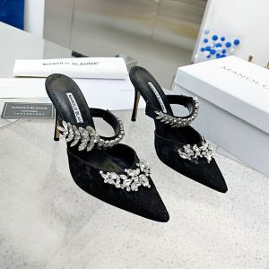 Manolo Blahnik Lurum Mules Lace With Crystal Embellished Black