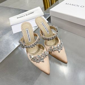 Manolo Blahnik Lurum Mules Satin With Crystal Embellished Apricot