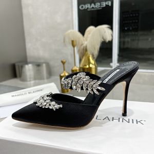 Manolo Blahnik Lurum Mules Satin With Crystal Embellished Black