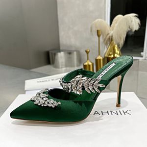 Manolo Blahnik Lurum Mules Satin With Crystal Embellished Green