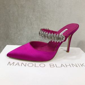 Manolo Blahnik Lutara Mules Satin With Crystal Embellished Rose