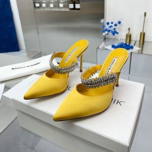 Manolo Blahnik Lutara Mules Satin With Crystal Embellished Yellow