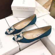 Manolo Blahnik Hangisi Flats Satin With White Crystal Buckle Blue