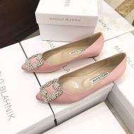 Manolo Blahnik Hangisi Flats Satin With White Crystal Buckle Pink