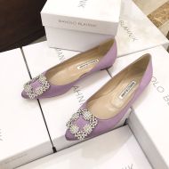 Manolo Blahnik Hangisi Flats Satin With White Crystal Buckle Purple