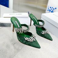 Manolo Blahnik Lurum Mules Lace With Crystal Embellished Green